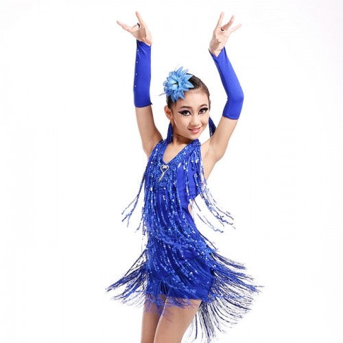 Royal blue fuchsia  Sequin Fringe Latin Dresses Rose Blue children Abiti Latin Dance Dress for Competition